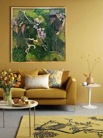 Yellow-themed living room with botanical wall art and cozy sofa.
