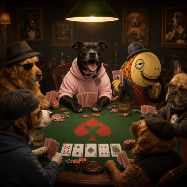 Dogs and a fish playing poker around a table.