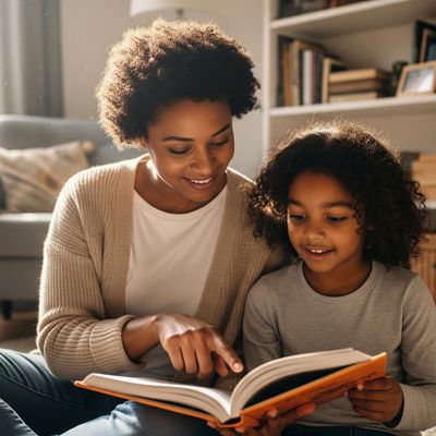 Mother reading a book with her daughter at home.