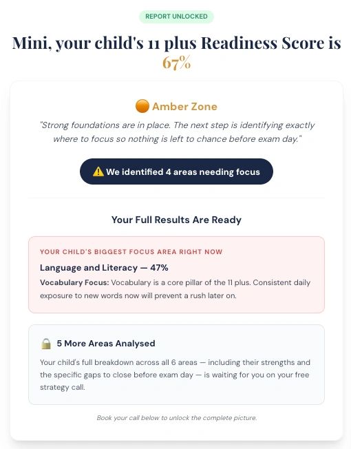 Example of your child's 11+ Readiness Score results page