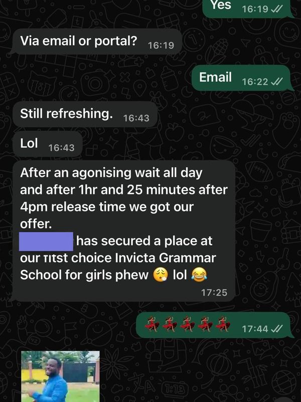 WhatsApp - Mum waiting for Kent 11+ exam school place. Relief when child gets 1st choice Invicta 