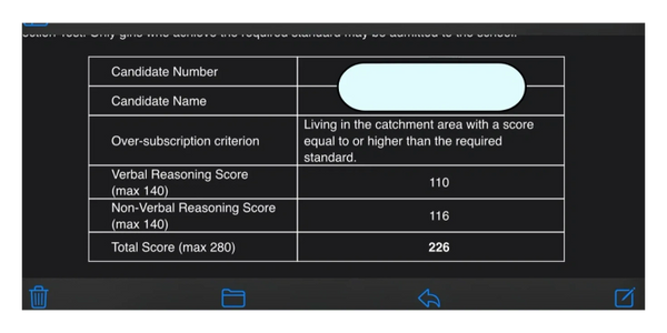 11+ exam result for Newstead Wood School. showing a students total reasoning score of 226