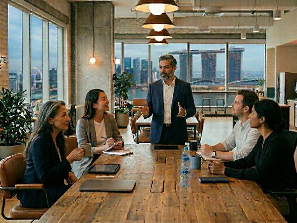 People meeting around an office table.