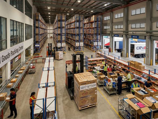 Finished goods packaging warehouse for consumer products.