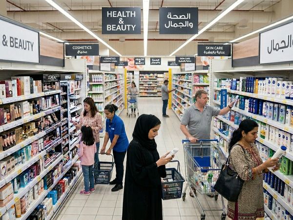 Health and beauty products on supermarket shelves - consumer retail in Asia.