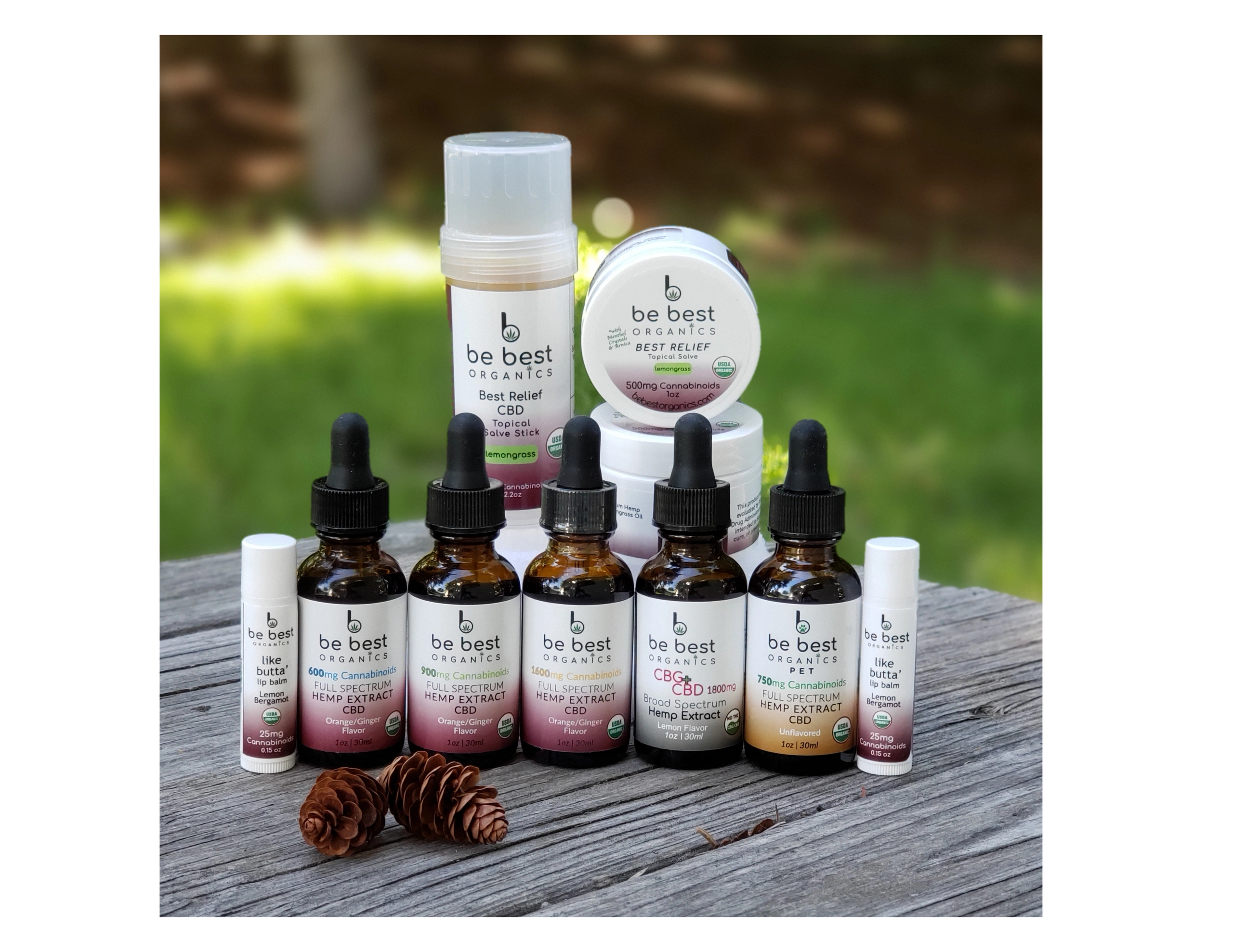 5 broad spectrum tincture oils, pet tincture, CBG/CBD, Lip Balm and Topical CBD Relief sticks.