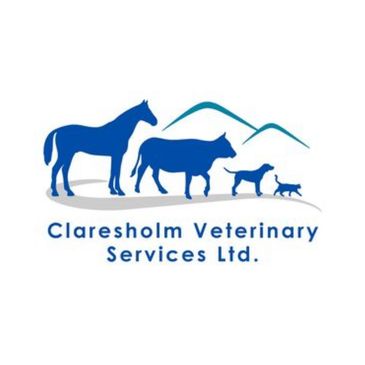 Logo of Claresholm Veterinary Services with animal silhouettes and mountains.