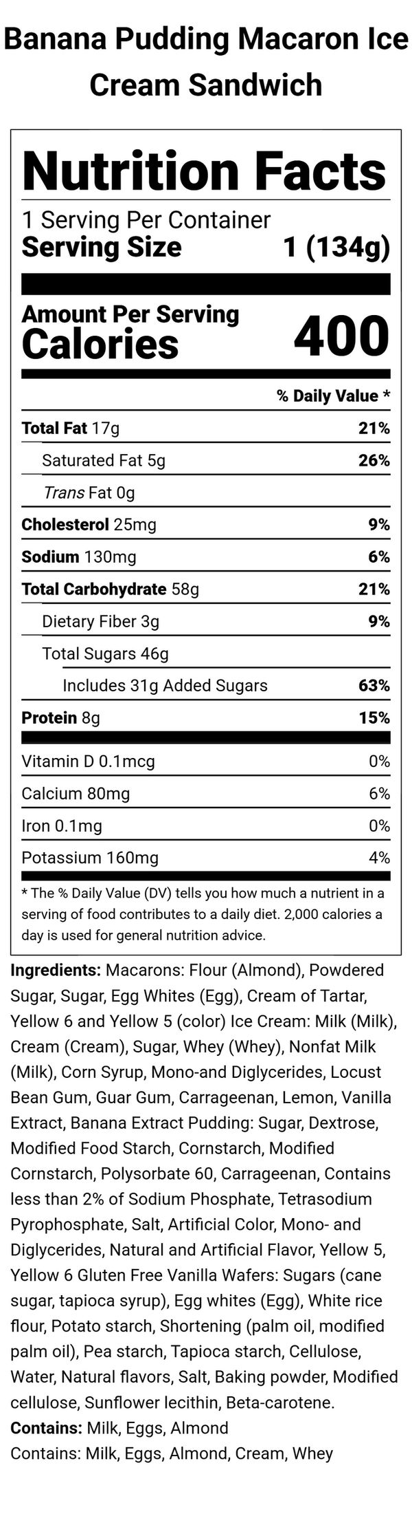 Banana Pudding Macaron Ice Cream Sandwich Nutritional Information