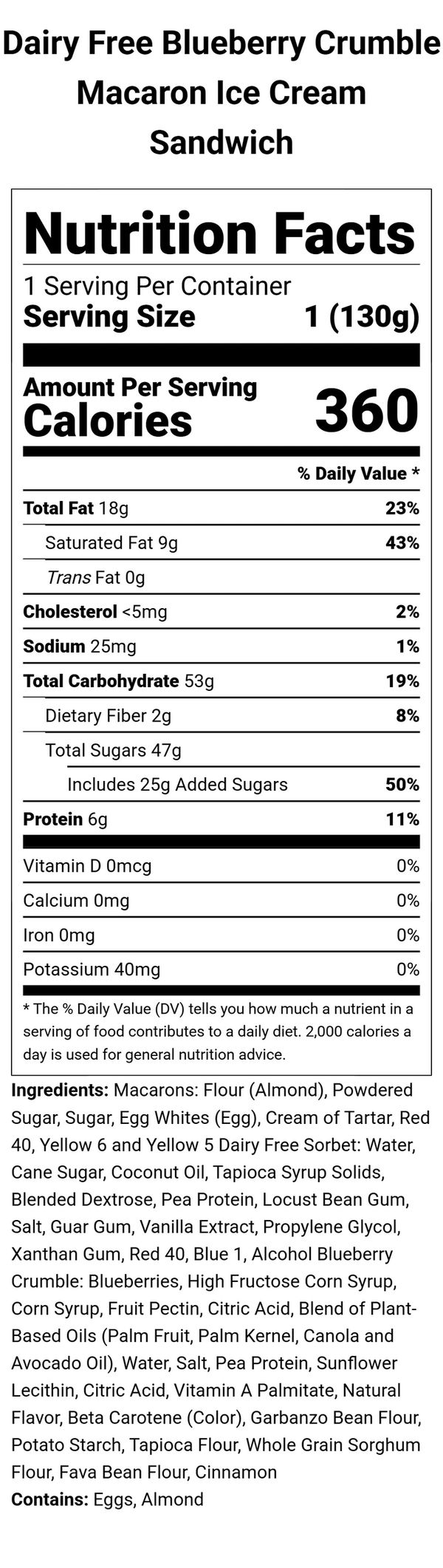 Dairy Free Blueberry Crumble Macaron Ice Cream Sandwich Nutritional Information