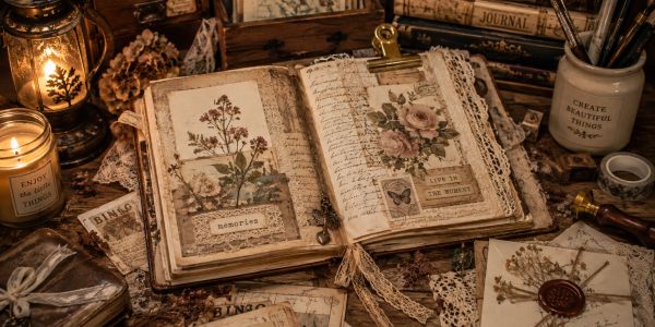Open vintage scrapbook with dried flowers and lace.