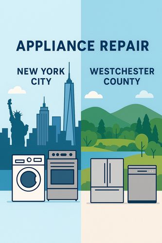 Appliance repair services in New York City and Westchester County with city and nature backgrounds.
