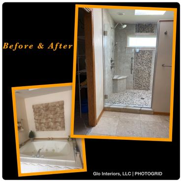 Removed tub for large walk in shower with seating. New smaller shower window.