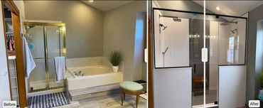 Before and After 
Remove outdated shower & tub and 
New double shower, 2 faucets and 6 shower heads 