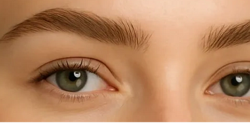 Close-up of green eyes with well-groomed eyebrows.