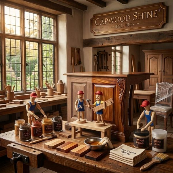 Woodworking shop with toy craftsmen and wood finishing products.