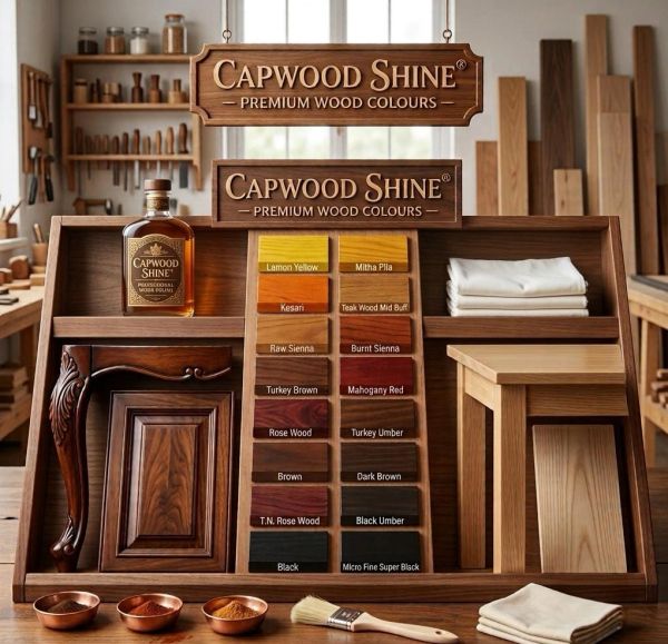 Capwood Shine premium wood colours display with wood samples.