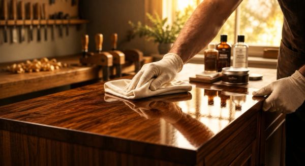 Person polishing a wooden surface with a cloth.