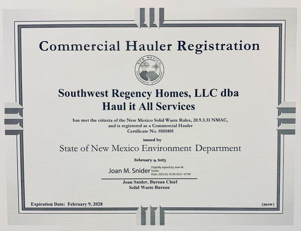 State Required Commercial Haulers Registration for Construction and Municipal Solid Waste. Junk Haul