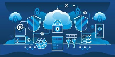 Illustration of cloud computing security with locks and shields.
