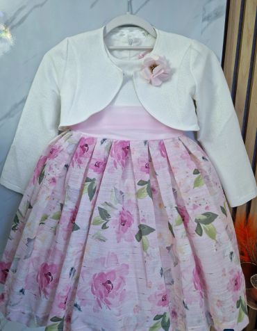 Floral pink dress with white bolero jacket.