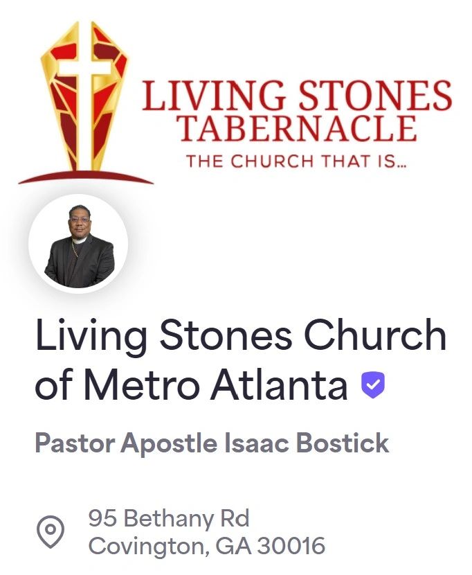 Living Stones Church of Metro Atlanta logo and details with Pastor Isaac Bostick.