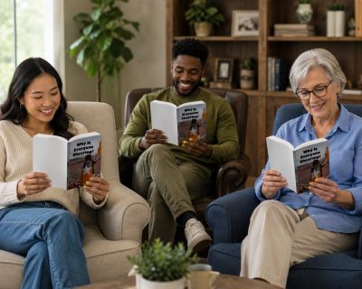 Three people reading books together in a cozy living room.