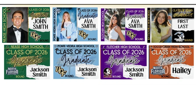 High school senior photo cards for Class of 2026 with graduates' names and school logos.