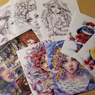Postcards, products, traditional watercolor and colored pencils illustrations by Christine Karron