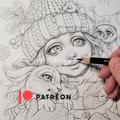 Patreon supporter, traditional watercolor and colored pencils illustrations by Christine Karron