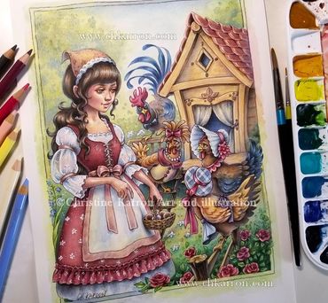 Whimsical Farmgirl, Fairytale Fantasy watercolor and colored pencil illustration by Christine Karron