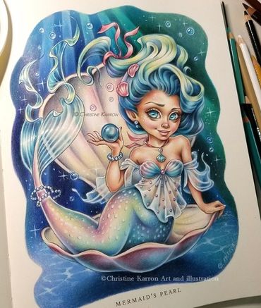 Fantasy, faeries, mermaid, mythology, watercolor and colored pencil illustration by Christine Karron