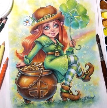 Whimsical Leprechaun girl, Fairytale watercolor and colored pencil illustration by Christine Karron