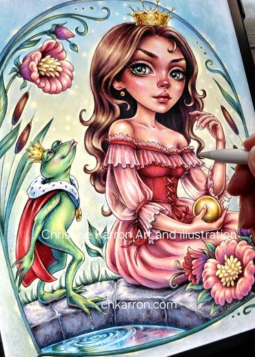 Whimsical Frog Prince, princess fairytale pencil illustration + digital coloring Christine Karron