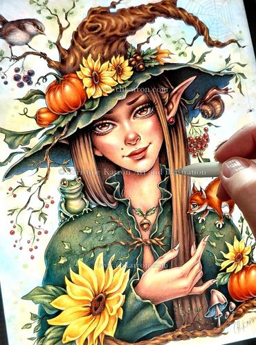 Whimsical Halloween Forest Witch, fairytale pencil illustration + digital coloring Christine Karron