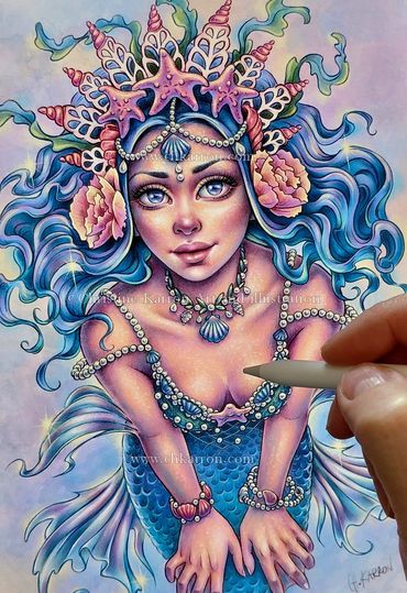 Whimsical Mermaid, princess fairytale pencil illustration + digital coloring Christine Karron