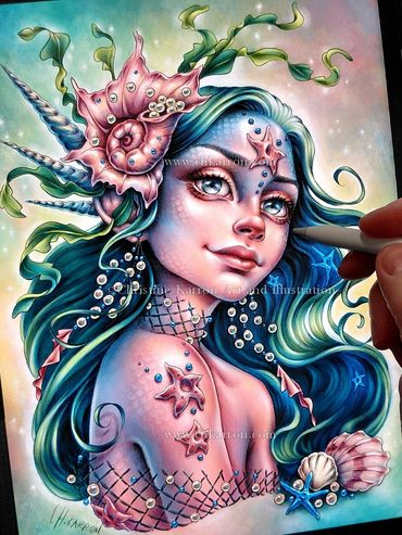 Mermaid Sea Pearls, ocean portrait pencil illustration + digital coloring Christine Karron