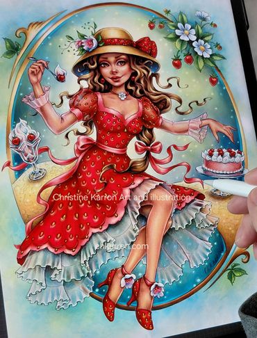 Whimsical Strawberry Dream, fruit food pencil illustration + digital coloring Christine Karron