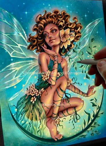 Whimsical Fairy Portal, fae wings fairytale pencil illustration + digital coloring Christine Karron