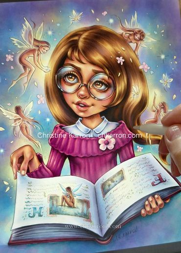 Whimsical Fairy Book, fae wings fairytale pencil illustration + digital coloring Christine Karron