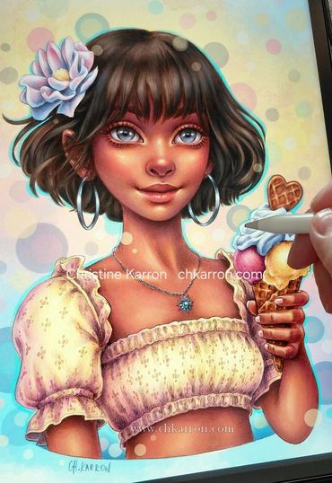 Joys of Summer, girl ice cream fairytale pencil illustration + digital coloring Christine Karron