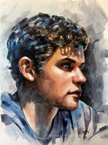 Watercolor, colored pencils, acrylic portrait painting by Christine Karron