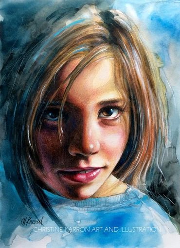 Watercolor, colored pencils, acrylic portrait painting by Christine Karron