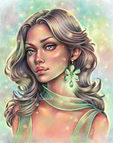 Spring green beltane female fantasy portrait pencil illustration + digital coloring Christine Karron