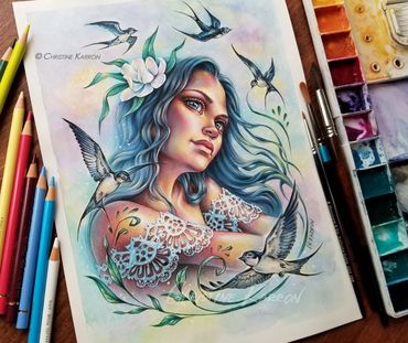 Fantasy, faeries, elves, mythology, watercolor and colored pencil illustration by Christine Karron