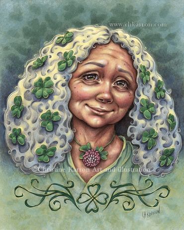 Lucky Clover, elf forest fantasy fairytale pencil illustration + digital coloring Christine Karron