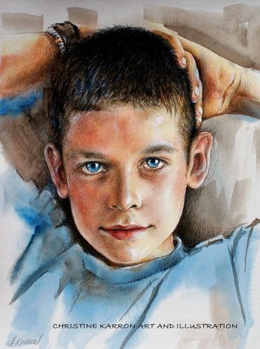 Watercolor, colored pencils, acrylic portrait painting by Christine Karron