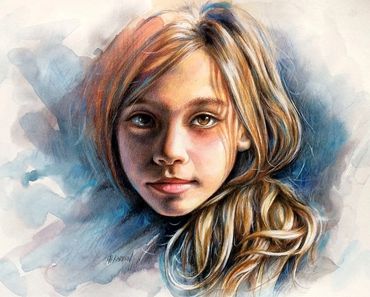 Watercolor, colored pencils, acrylic portrait painting by Christine Karron