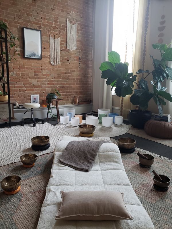 Individidual Sound Healing session with fleece covered yoga mat and crystal bowls and gong