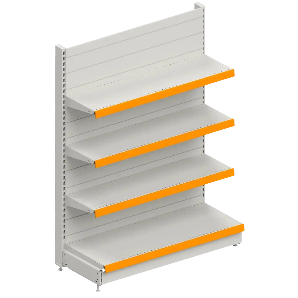 Modular supermarket display shelves by SOURESA, featuring adjustable levels, made in Turkey