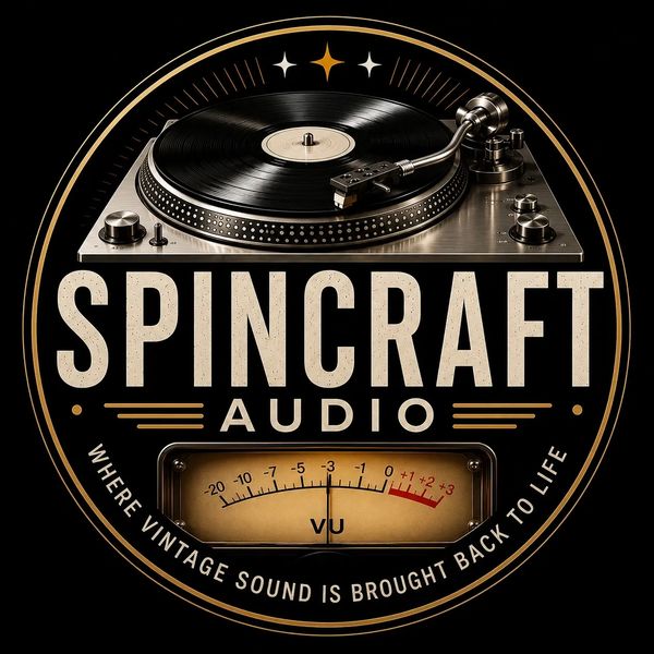 Logo of Spincraft Audio with a turntable and VU meter.